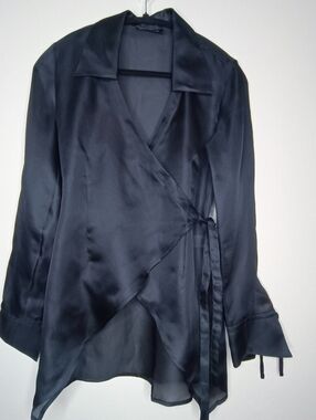 VTG Ron Leal 100% Silk Organza Sheer Wrap Blouse - Size 4 - Black CBK's Style